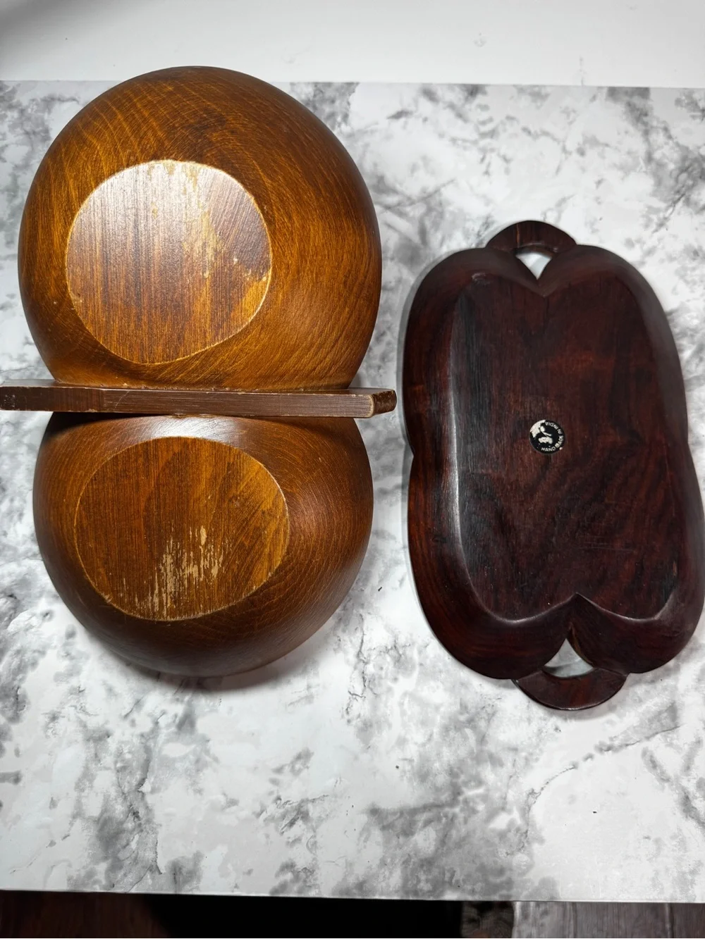 Lot of 2 Monkey Pod Light/Dark Wood Serving Bowls Tray